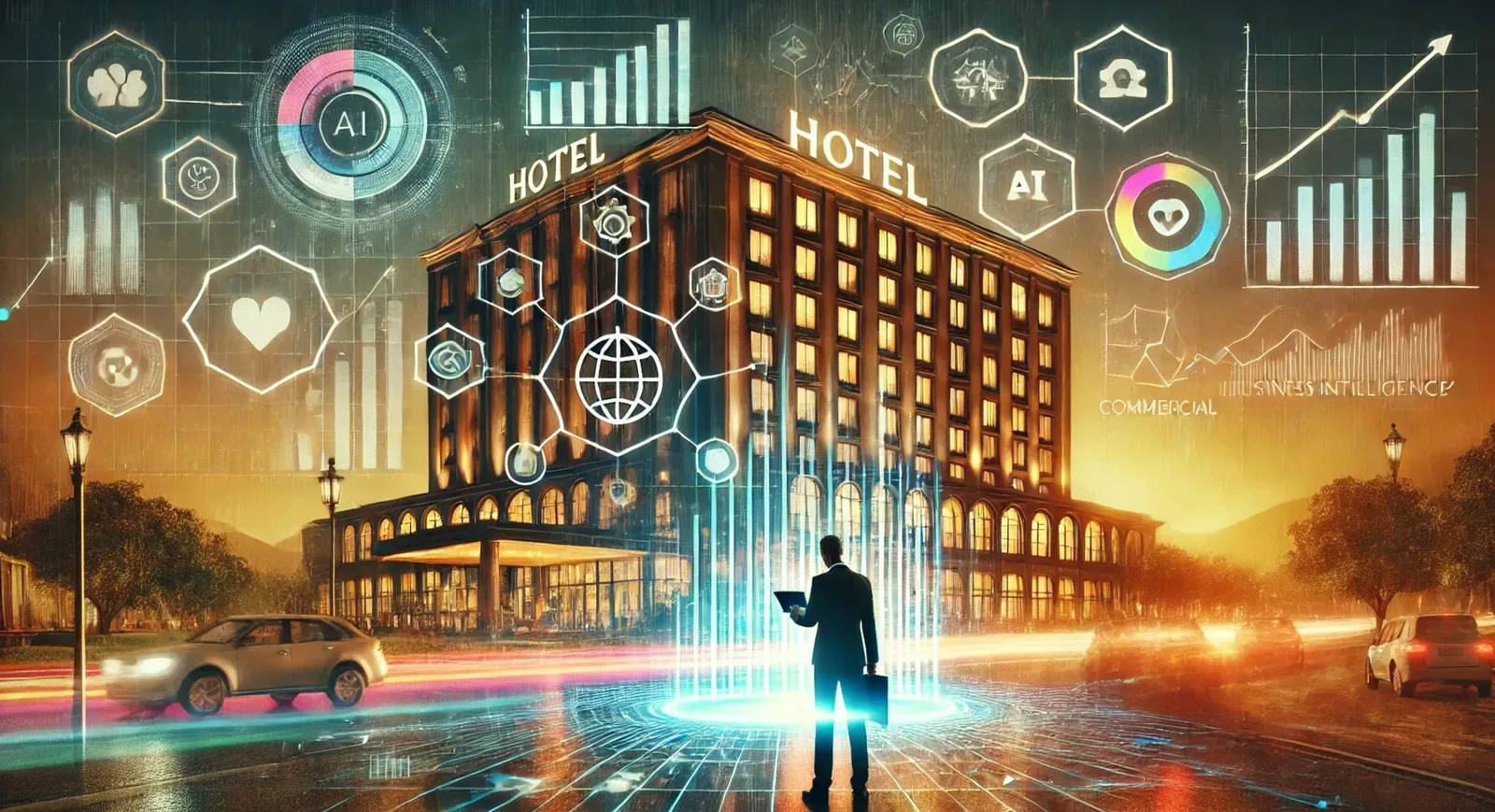 Illustration of a hotel at night surrounded by data and AI icons