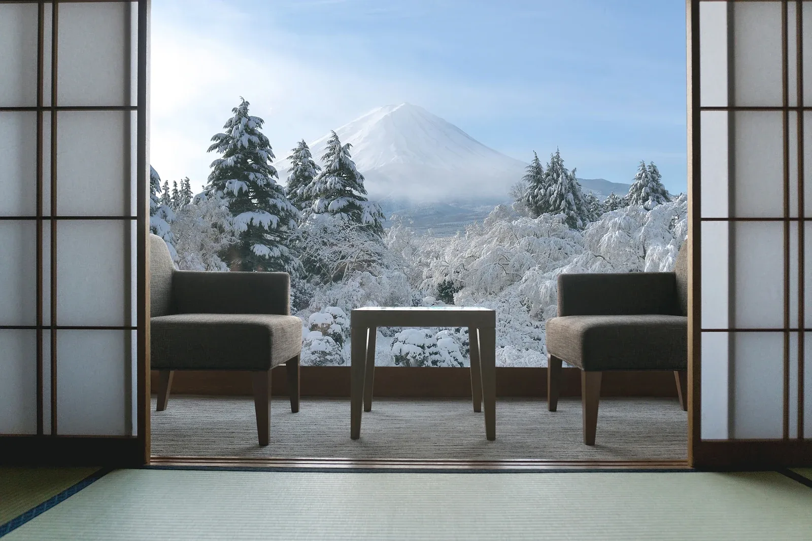 A mountain resort lounge looking out onto snow-covered trees